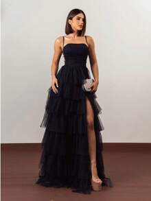 Tiered Prom Dress For Graduation And Bridesmaids. Elegant Conservative/Modest Sexy Casual Shiny Zipper Appliques Wedding Party Birthday Party Anniversary Party Graduation Party - 藏蓝色 - 查看 2
