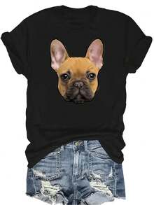 Camiseta con estampado de cara de Bulldog Francés para mujer y unisex, de verano, casual, transpirable, de personalidad, de cuello redondo, de manga corta, de uso versátil, adecuada para adolescentes y adultos - Negro - Ver 1