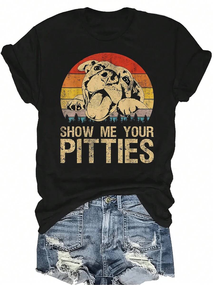 Camiseta divertida para amantes de los pitbulls "Muéstrame tus pitties", para mujeres y unisex, de verano, casual, transpirable, de personalidad, de cuello redondo, de manga corta, ropa de calle, versátil, adecuada para adolescentes y adultos - Negro - Ver 1