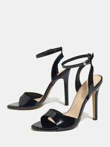 Jin Bei Qi Giày sandal cao gót mũi tròn màu trơn bằng da bóng, có quai cài mắt cá chân, thích hợp cho các hoạt động ngoài trời, dự tiệc, tiệc tùng, tiệc tùng. Giày cao gót màu đen thanh lịch, thời trang, phù hợp với trang phục mùa xuân hè. - màu đen - Xem 6