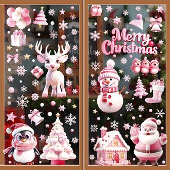 143 piezas (9 hojas) Juego de pegatinas navideñas rosas para ventanas - Pegatinas doble cara, removibles con Papá Noel rosa, pingüinos rosas, renos rosas, polluelos lindos, campanas, calcetines navideños, bastones de caramelo, cajas de regalo, copos de nieve, árboles de Navidad y escenas de casas acogedoras - Decoraciones navideñas reutilizables adecuadas para celebraciones navideñas en el hogar y la oficina