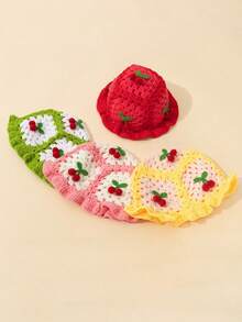 1pc Girls Winter Knitted Hollow Cherry Warm Hat, Fashion Kids Knitted Cap, Hand-Knitted Cherry Hat Suitable For 3-8Y