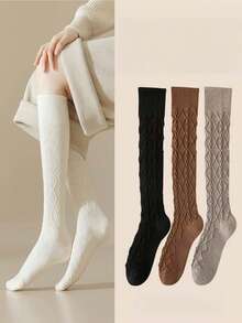 1/2/3/6 Pairs Women Thick Fleece Thigh High Socks, Cable Chain Design, Multi-Color Random, Fashion Versatile Over-The-Knee Socks Suitable For Daily Wear, Students, Girls, Autumn/Winter