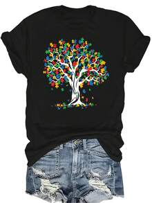 Camiseta gráfica con rompecabezas del árbol de la vida, estilo casual y transpirable de cuello redondo y manga corta, adecuada para adolescentes y adultos - Negro - Ver 1
