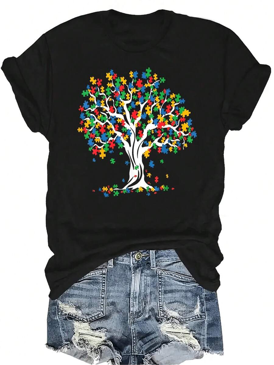 Camiseta gráfica con rompecabezas del árbol de la vida, estilo casual y transpirable de cuello redondo y manga corta, adecuada para adolescentes y adultos - Negro - Ver 1