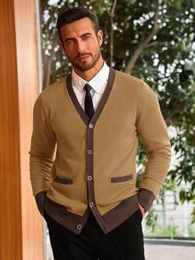 Men's Long Sleeve Button Down Knitted Cardigan Sweater With Pockets, Casual Style - 駝色 - 查看 2
