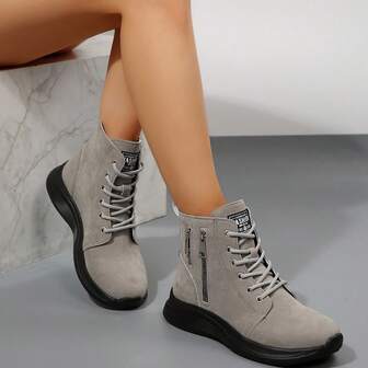 Women's Patchwork Comfortable Snow Boots, Round Toe Zipper Closure, Casual Outdoor Sports Boots, Short Boots, Black Ankle Boots, Women's Shoes