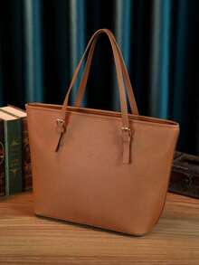 纯色简约设计大容量托特包手提包，商务休闲女包，非常适合办公室商务和工作，女士托特包，引人注目的女士工作包 - 棕色 - 查看 3