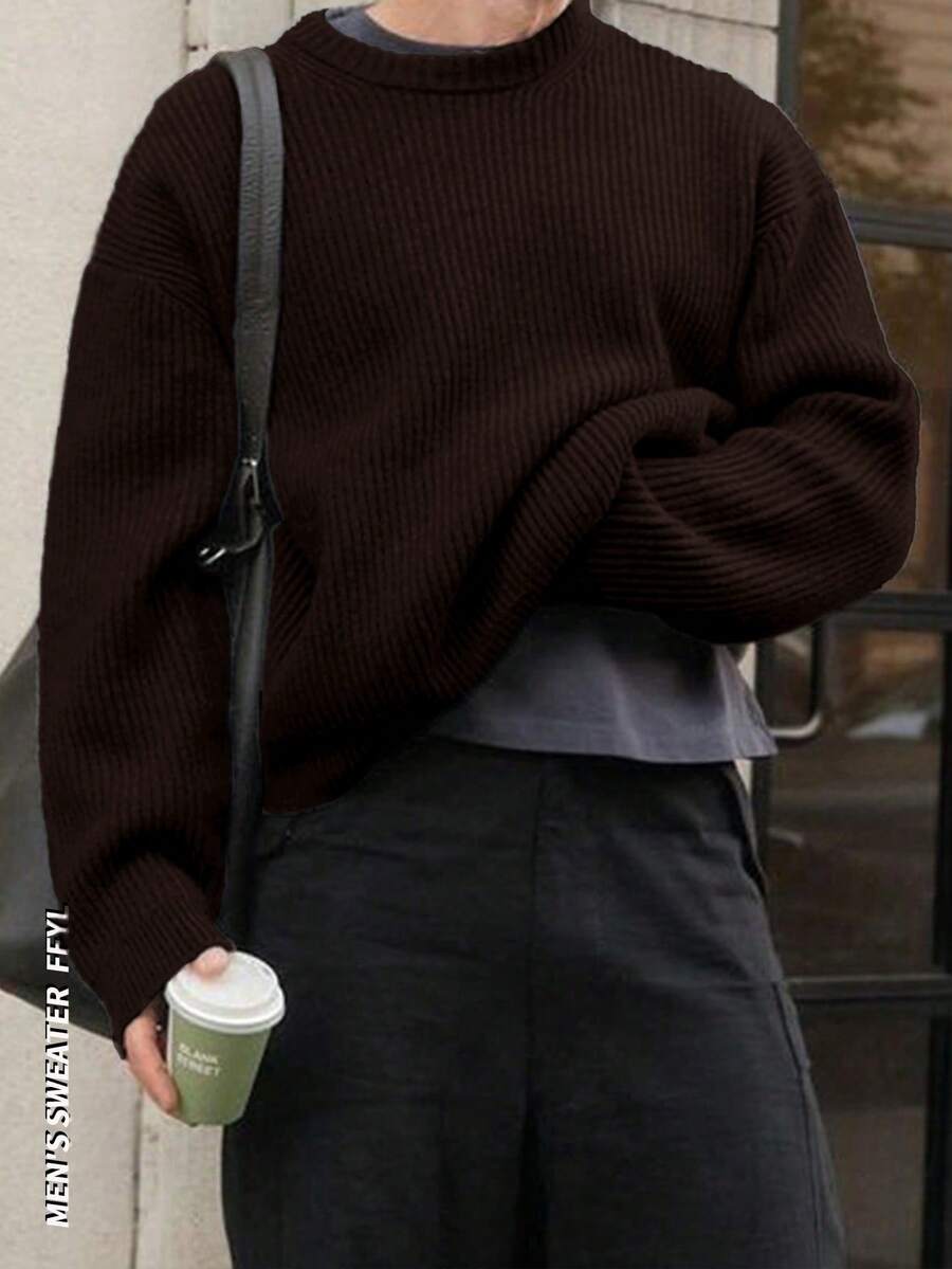 轻盈休闲针织毛衣，简约设计，宽松圆领套头衫，男女皆宜，适合秋冬季穿着。 - 棕色 - 查看 1