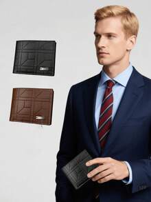 1 pieza Cartera de hombre de moda de negocios con diseño de grano de árbol y cierre de cremallera de PU para tarjetas de crédito y monedas, diseño único de botón con cremallera, regalo ideal para amantes y padres