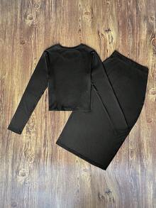 Women's Solid Color Elegant Casual Split Suit Vest & Midi Skirt, Suitable For Evening Date, Office, Garden Black Spring - Black - View 3