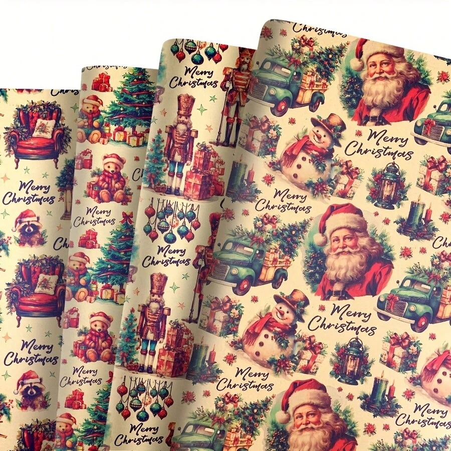 8 Sheets Christmas Gift Wrapping Papers - 50x70cm, Santa Claus / Nutcracker / Time And Space Gate / Gift Bear Pattern, Perfect For Christmas, Birthdays, Holiday Party Decorations, DIY Crafts And Multi-Occasion Gift Wrapping(4/8Sheets) - Multicolor - View 1