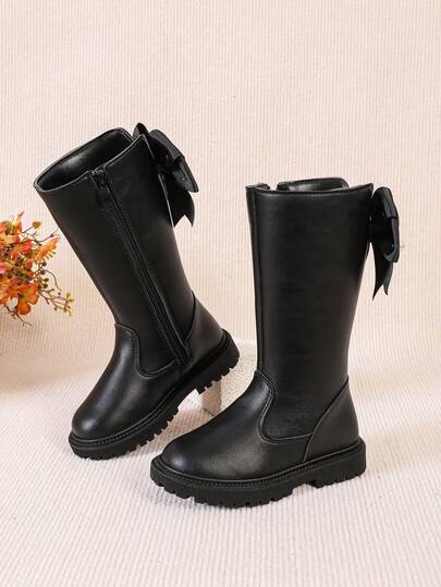 1 Đôi bốt cao đến giữa bắp chân màu đen cho bé gái/trẻ mới biết đi, da mềm, vải thêu hoa, nơ trang trí bằng vải ngọc trai, buộc dây phía trước, khóa kéo bên hông, mũi tròn, đế mềm, bốt công chúa thời trang, phù hợp cho bé gái từ 3-12 tuổi, sử dụng hàng ngày, ngày lễ, đi học, mùa thu/đông