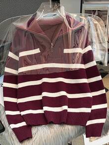 Autumn/Winter New Zipper Women Striped Knit Sweater, Fashion Minimalist Pullover, Versatile - Burgundy - View 3