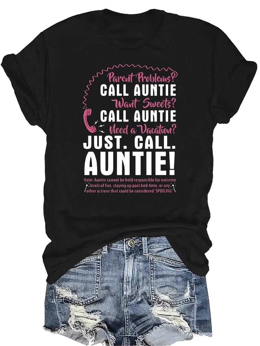 Problemas de los padres, llama a la tía Imprimir, Camiseta con estampado de letras para mujeres y unisex, de verano, casual, transpirable, de personalidad, cuello redondo, manga corta, camiseta de streetwear versátil, adecuada para adolescentes y adultos - Negro - Ver 1