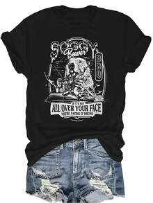 Camiseta de Soggy Beaver BBQ para mujer y unisex, de verano, casual, transpirable, con personalidad, cuello redondo, manga corta, ropa de calle, versátil, adecuada para adolescentes y adultos - Negro - Ver 1