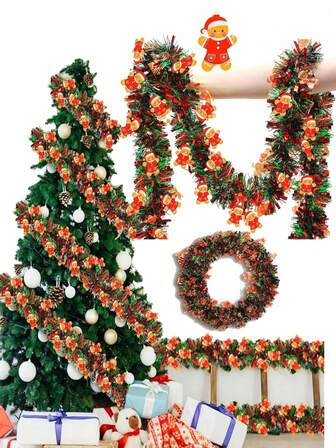 Christmas Tinsel Garland With Gingerbread Man Ornaments - Christmas Tree Decorations Green Red Metallic Twist Christmas Garland For Christmas Tree, Fireplace Mantel, Indoor Outdoor Holiday Party Decorations
