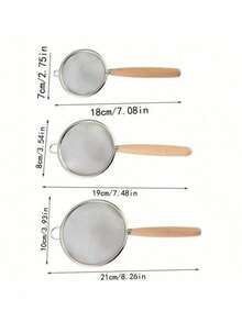 1个不锈钢细网厨房滤网，带木柄的撇油器，耐用面粉筛烘焙工具 - 銀色 - 查看 2