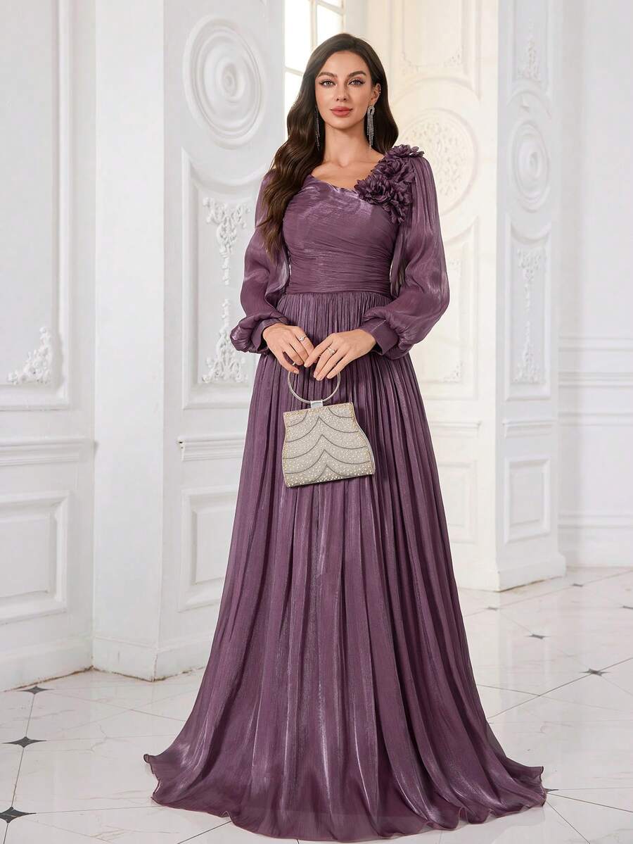 Elisanya UNITHORSE 女士 V 领灯笼袖纯色领口 3D 花朵装饰长款晚礼服伴娘礼服毕业礼服晚宴礼服 - 紫色 - 查看 1