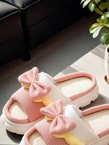 1 par de pantuflas de casa abiertas de lino con lazo, unisex, lindas, aptas para todas las estaciones