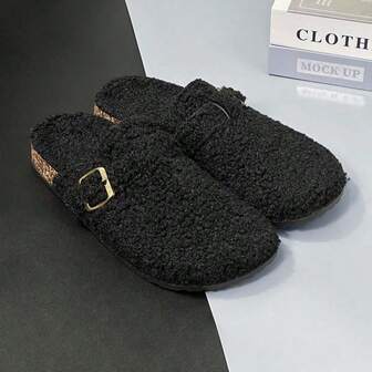 女士休闲带扣拖鞋，圆头仿羊毛一脚蹬鞋，室内秋冬鞋