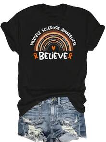 Camiseta de concienciación Ms, para mujeres y unisex, de verano, casual, transpirable, con personalidad, cuello redondo, manga corta, ropa de calle, versátil, adecuada para adolescentes y adultos - Negro - Ver 1