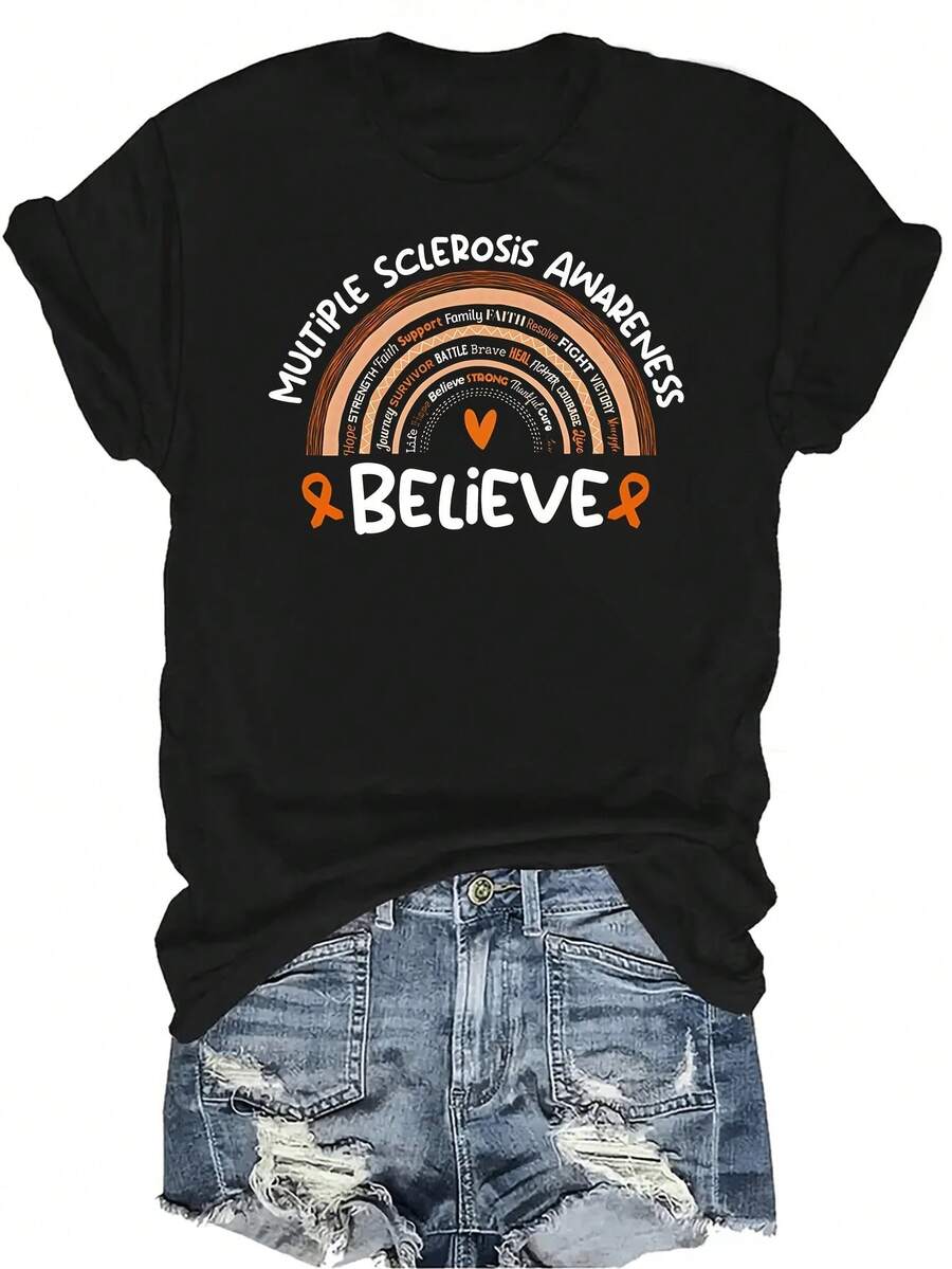 Camiseta de concienciación Ms, para mujeres y unisex, de verano, casual, transpirable, con personalidad, cuello redondo, manga corta, ropa de calle, versátil, adecuada para adolescentes y adultos - Negro - Ver 1