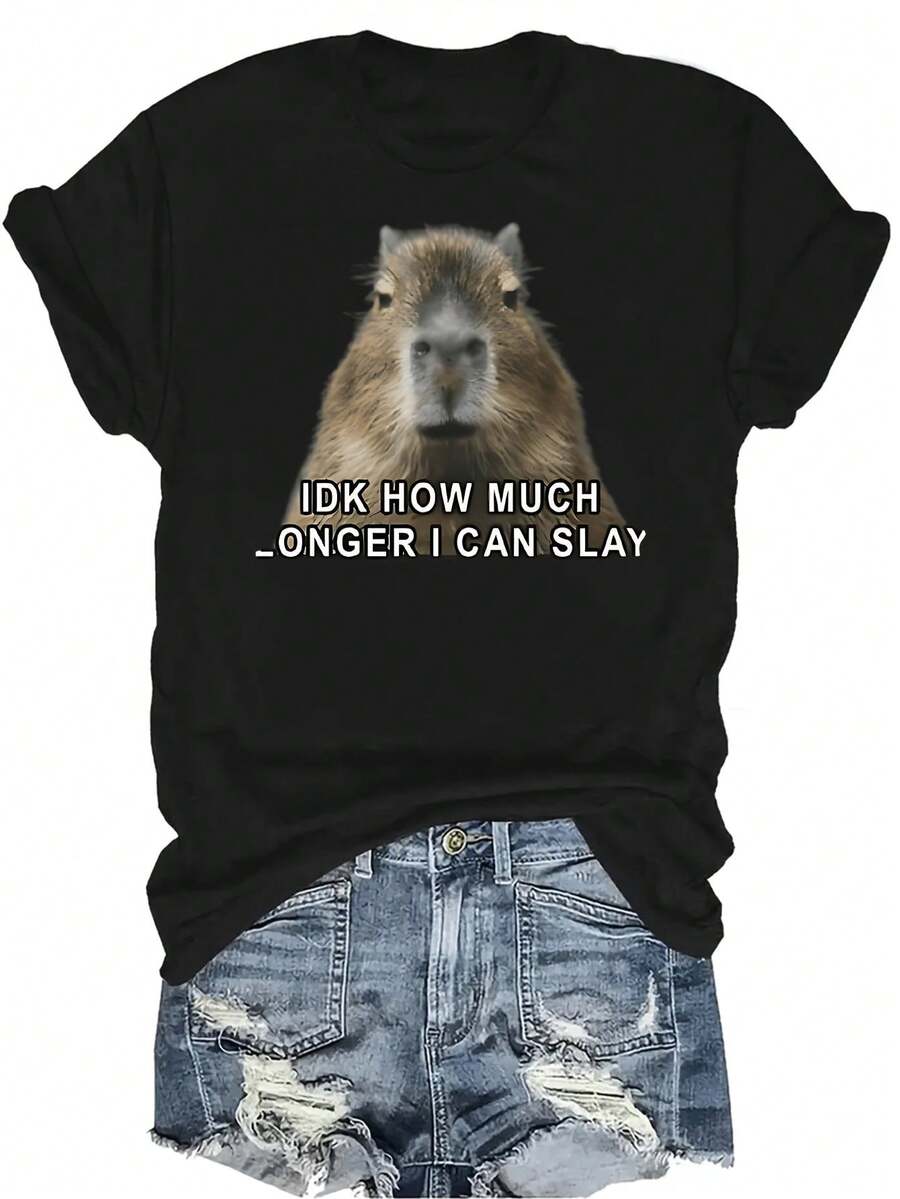 No sé cuánto talla grande puedo seguir con la camiseta sarcástica de meme dank de Capybara. Camiseta de verano casual y transpirable con cuello redondo y manga corta, de estilo versátil, adecuada para adolescentes y adultos - Negro - Ver 1