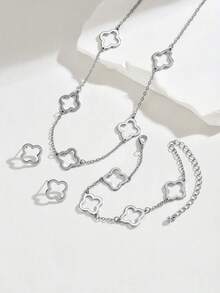 1 Set 925 Sterling Silver Fashionable Simple Leaf, Grass & Flower Necklace, Earring & Bracelet Set Valentines,Mom,Mother,Mother's Day,Gift - Silver - View 2