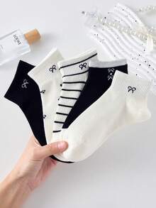5 Pairs Women's Cute Breathable Striped Bow Polka Dot Pattern Short Invisible Socks, Ankle Socks, Christmas Gift, White Socks, Black Socks, Suitable For Daily & Casual Wear, Suitable For Fall&Winter, For All Seasons - Multicolor - View 9