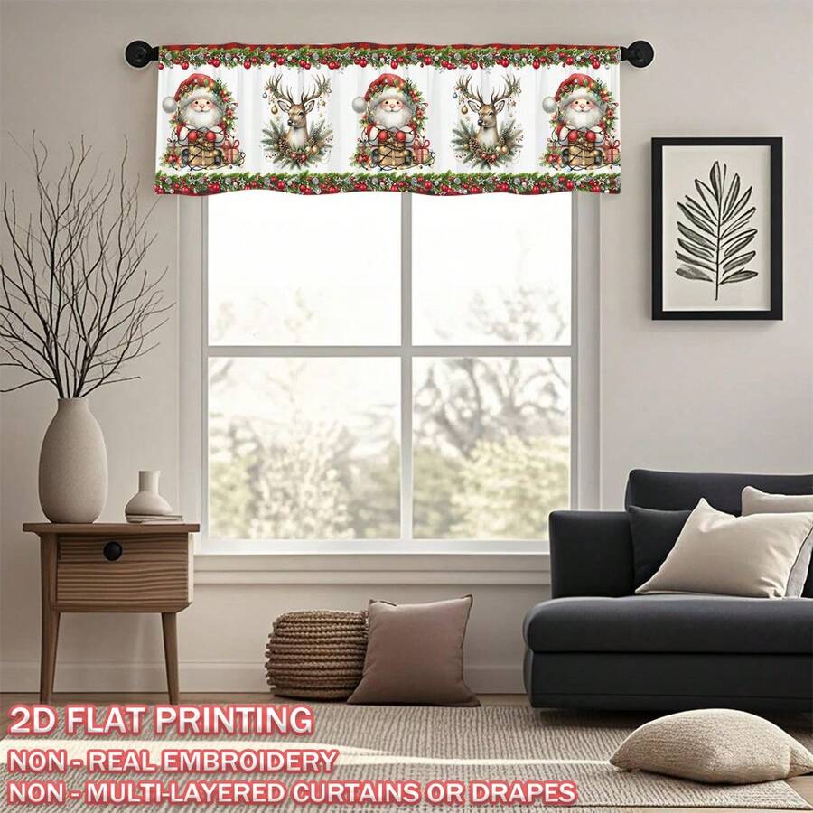1 pieza Cortina decorativa navideña con bolsillo para barra, estampado de Papá Noel y renos, estampado plano de un solo lado, resistente a la decoloración, tela de poliéster de 150 g/m², filtro de luz grueso, suave y duradero, resistente a las arrugas, para todo el año, lavable, para cocina, dormitorio, sala de estar, decoración de fiesta de Navidad