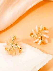 1雙時尚高端貓眼石花瓣耳釘,新品上市,非常適合做假日禮物 - 彩色 - 查看 2