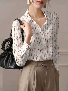 Allover Tiny Ditsy Floral Button Front Long Sleeve Blouse