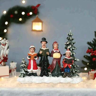 Estátua com tema natalino, pessoas e árvore de Natal, estátua com 3 cantores de canções de natal, decoração de casa natalina, mesa, decoração faça você mesmo, sem eletricidade, presente de Natal