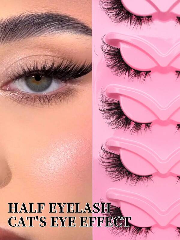 5 Pairs 3D Faux Mink Cat Eye False Eyelashes - Hypoallergenic Fluffy Lightweight Natural-Looking Lashes For Dramatic Foxy Eyes