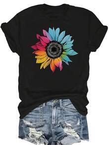 Camiseta de mujer con girasol colorido, unisex, de verano, casual, transpirable, de personalidad, de cuello redondo, de manga corta, ropa de calle, versátil, adecuada para adolescentes y adultos - Negro - Ver 1