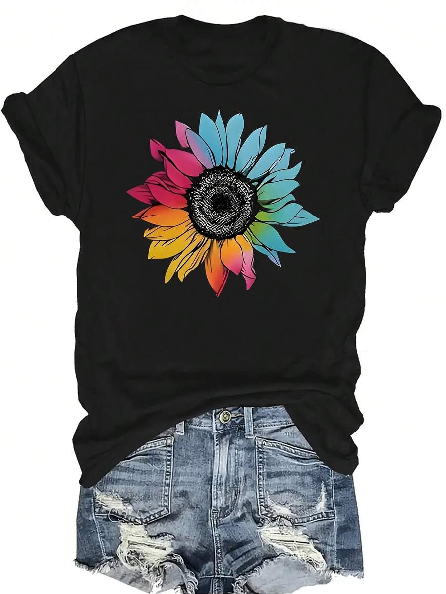 Camiseta de mujer con girasol colorido, unisex, de verano, casual, transpirable, de personalidad, de cuello redondo, de manga corta, ropa de calle, versátil, adecuada para adolescentes y adultos - Negro - Ver 1
