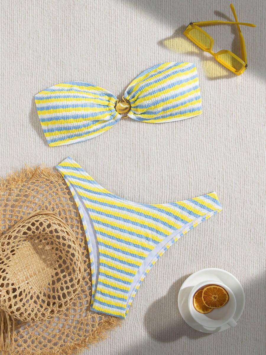 wohenmeili 女士度假沙滩条纹抹胸比基尼上衣和三角泳裤两件套泳衣，适合夏季，欧美风格