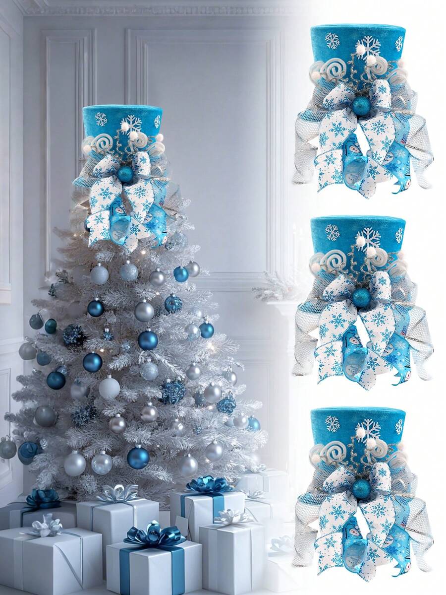 1pc Christmas Tree Topper Hat, Red Tree Topper Hat With Candy Peppermint Bows Ribbon Ornament, Top Hat Christmas Tree Topper For Home Office Holiday Xmas Gift Tree Decoration(Velvet Material)