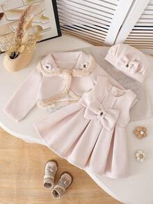 女宝宝可爱纯色花领毛绒装饰长袖开衫，蝴蝶结拼布下摆 A 字裙，配花饰帽子，适合秋冬季休闲外出 - 杏色 - 查看 2