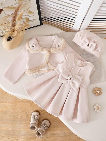 女宝宝可爱纯色花领毛绒装饰长袖开衫，蝴蝶结拼布下摆 A 字裙，配花饰帽子，适合秋冬季休闲外出