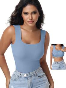 Women's Built-In Bra Tank Top Ribbed Slim Fit Wirefree Shelf Padded Tank Shirts Wide-Strap Square Neck Undershirt - 藍色 - 查看 7