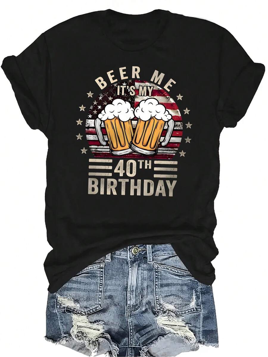 Camiseta "Es mi 40 cumpleaños" para mujer y unisex, de verano, casual, transpirable, con personalidad, cuello redondo, manga corta, ropa de calle, versátil, adecuada para adolescentes y adultos - Negro - Ver 1