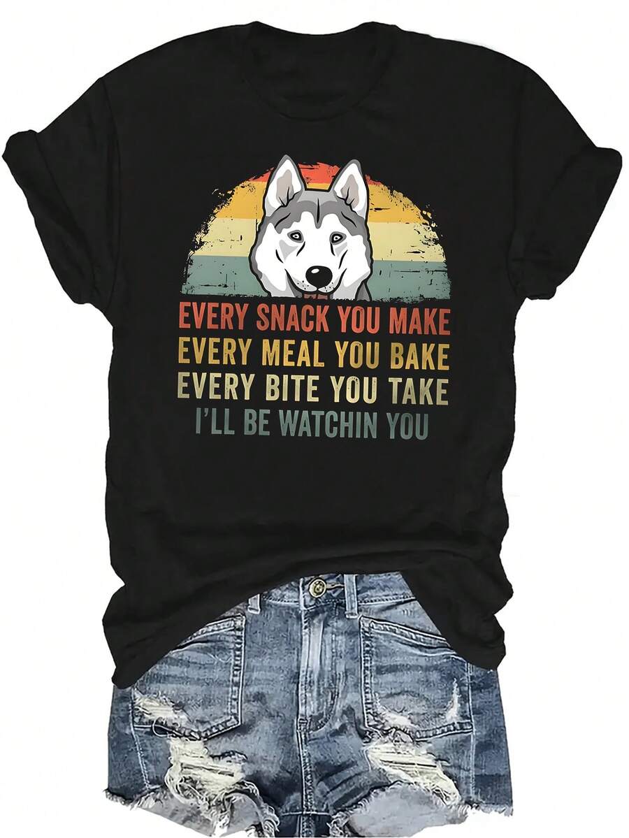Camiseta de perro husky para mujer y unisex, de verano, casual, transpirable, de cuello redondo, de manga corta, de estilo callejero y versátil, adecuada para adolescentes y adultos - Negro - Ver 1