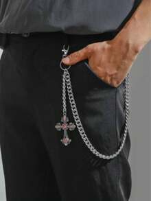 1pc Vintage Elegant Minimalist Multi-Color Rhinestone & Faux Pearl Waist Chain, Men's Punk Hip-Hop Cross Body Chain, For Pants Decoration - Ancient Silver - View 2
