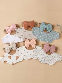 Baby Nylon Bow Knitted Headband, Floral Crinkle Fabric 360° Fake Collar, Cloud Drool Bib, Cute Infant Feeding Bibs Set - Multicolor - View 8