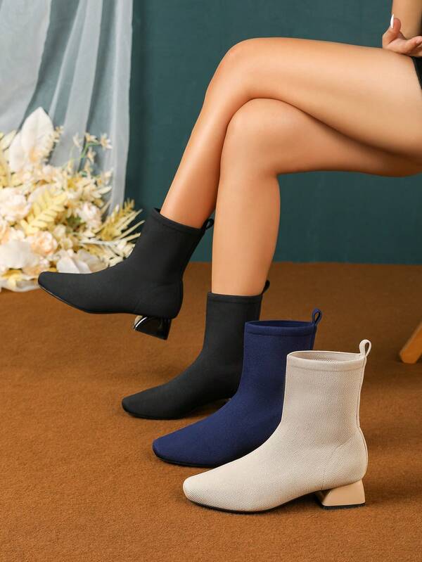 Square Toe Shallow Fabric Solid Color Casual Chunky Heel Short Boots, Breathable Soft Slip-On Elastic Ankle Boots For Women, Suitable For Office, Holidays, All Seasons