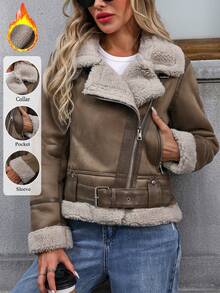 Women's Faux Shearing Fur Bomber Jacket Cropped Aviator Leather Coat Outerwear - Brown - View 2