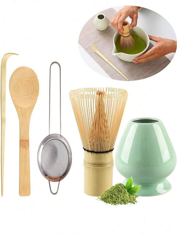 Conjunto de Matcha Japonês, Liquidificador e Suporte para Matcha, Colher de Bambu para Matcha e Peneira de Aço Inoxidável - 4/5 Peças - Conjunto de Ferramentas para Matcha Verde, Adequado para Entusiastas do Matcha