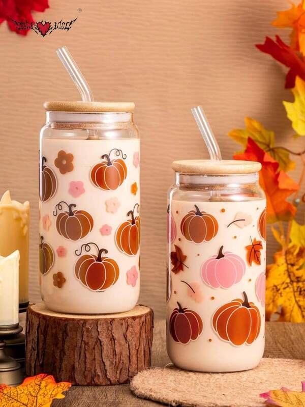 كوب قش على شكل أوراق القيقب والقرع وكوب القهوة - كوب زجاجي على شكل زجاجة كولا، كوب ماتشا وقهوة، كوب عصير مشروبات - أفضل اختيار لهدية عيد الهالوين لأصدقائك!